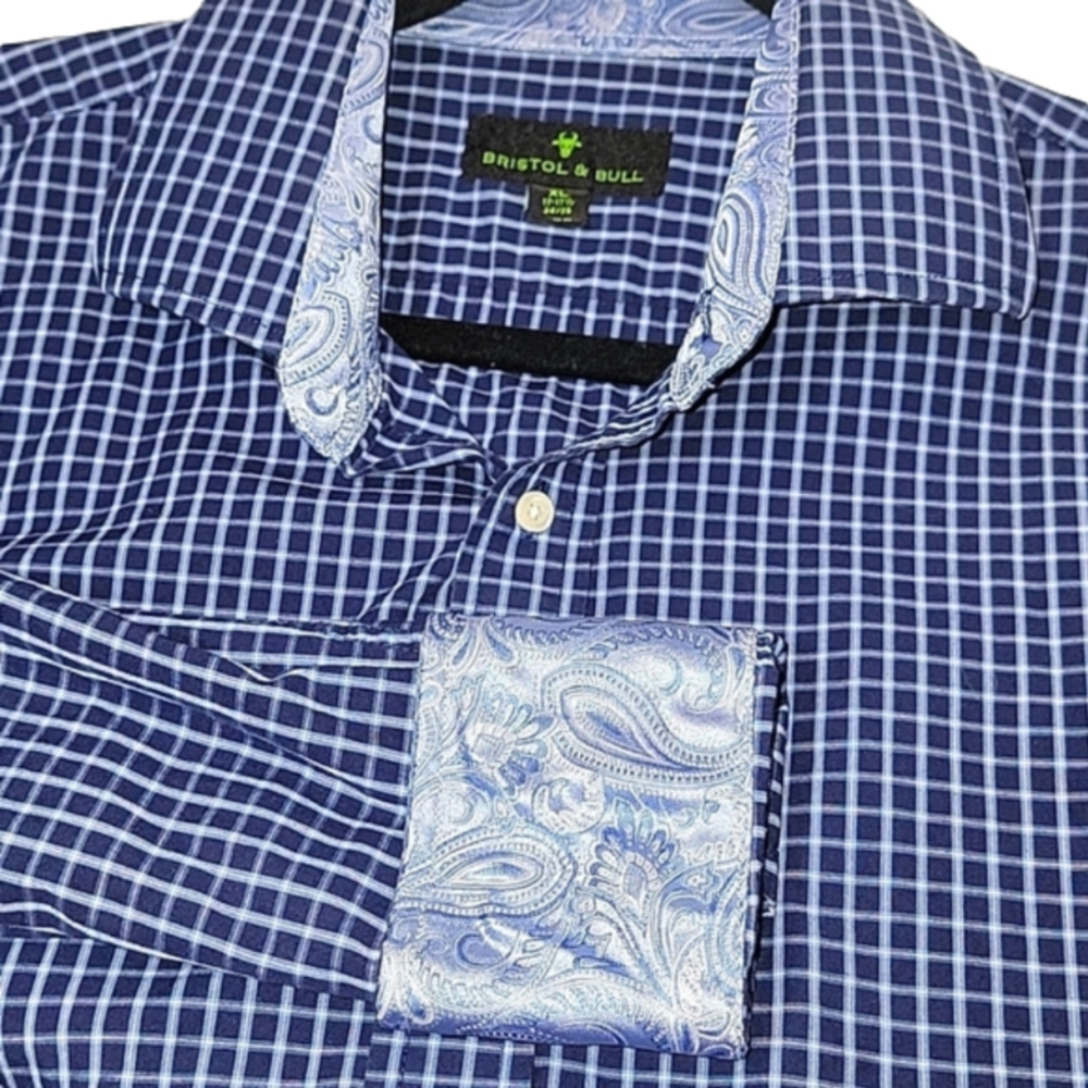 Bristol & BULL Button Down Shirt Windowpane Plaid, Contrast Trim, Luxury Size XL